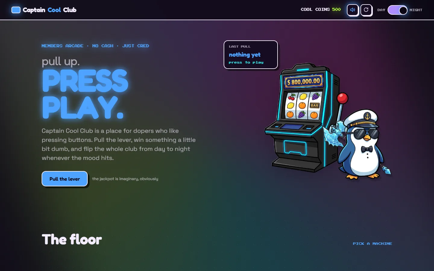 The club at night, the slot machine paying Cool Coins.