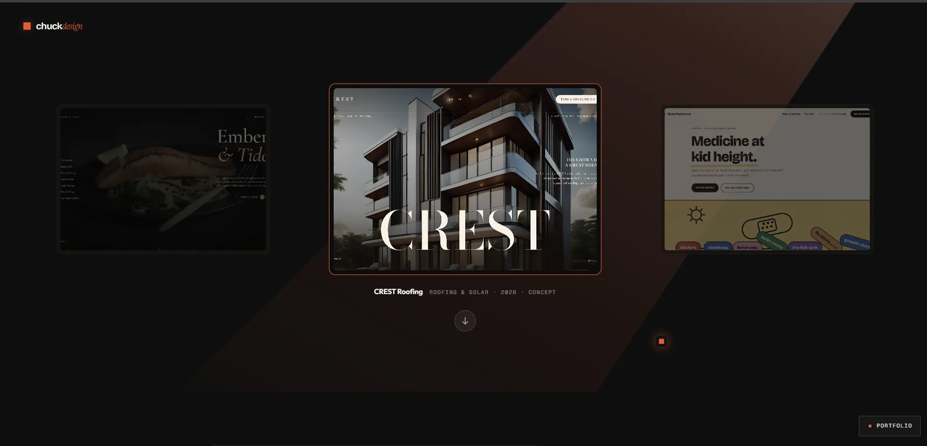 The portfolio page, the projector cone lit on one item and the neighbors dark.