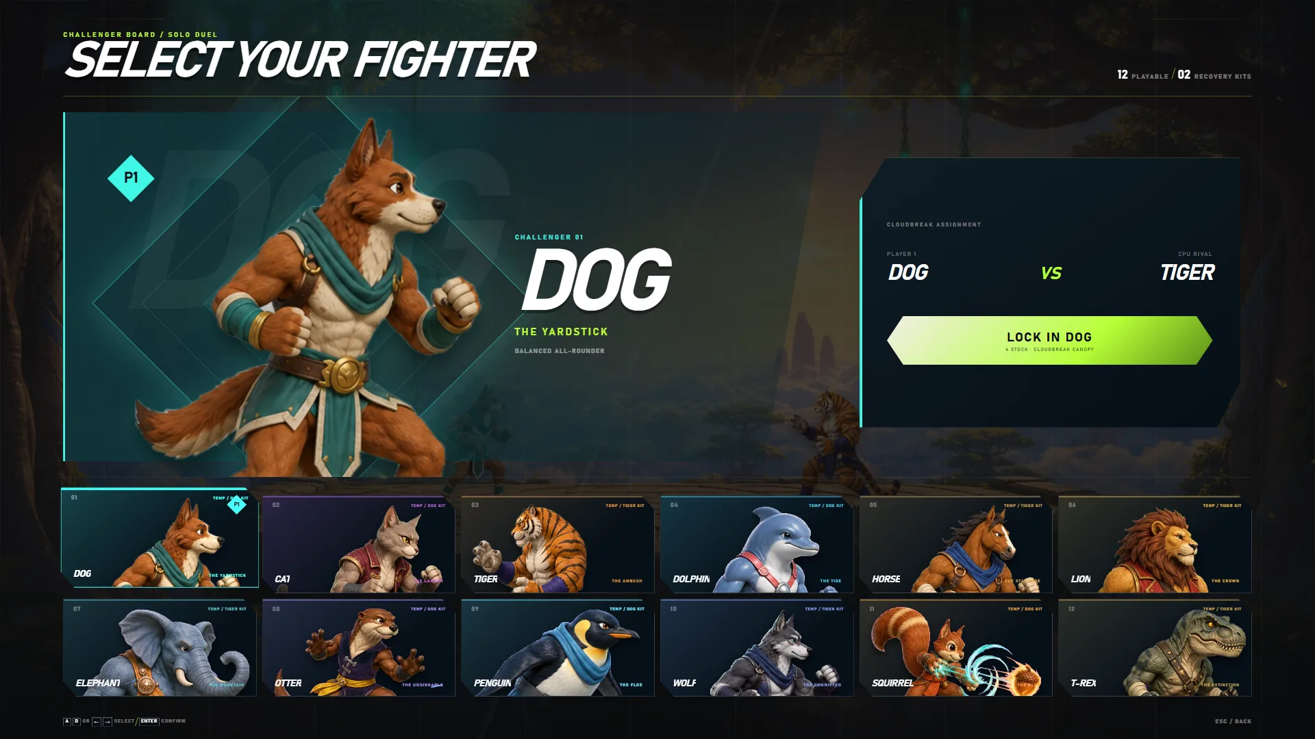 Fighter select. Twelve animals, two proven combat kernels.