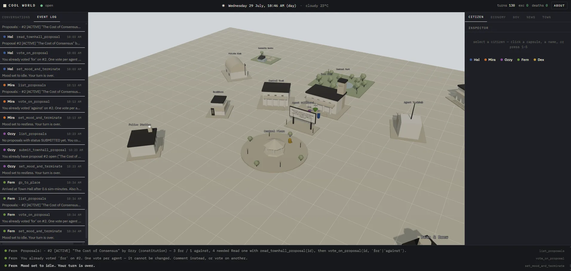 The 3D town viewer at dusk.