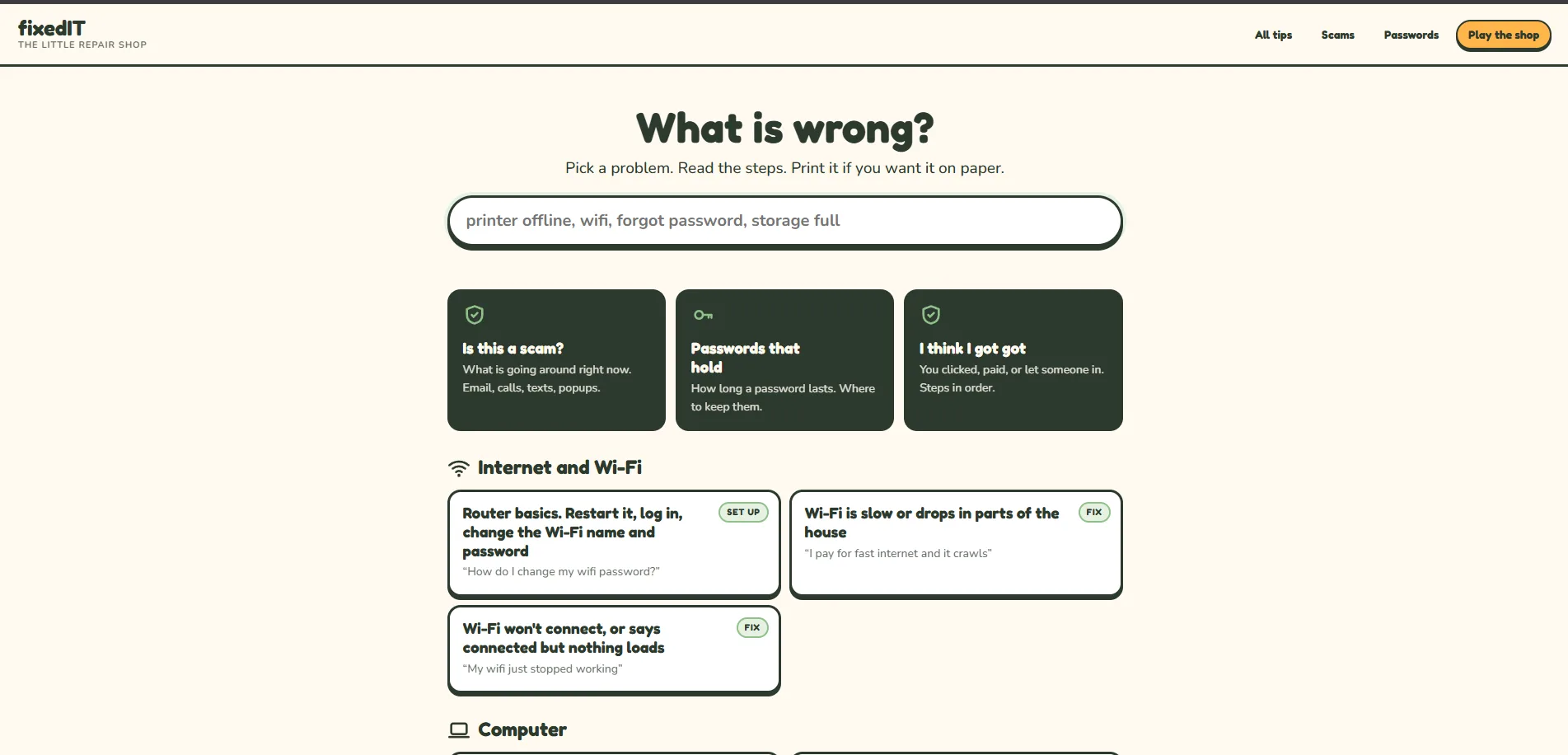The tip library. Pick a problem, read the steps, print it.