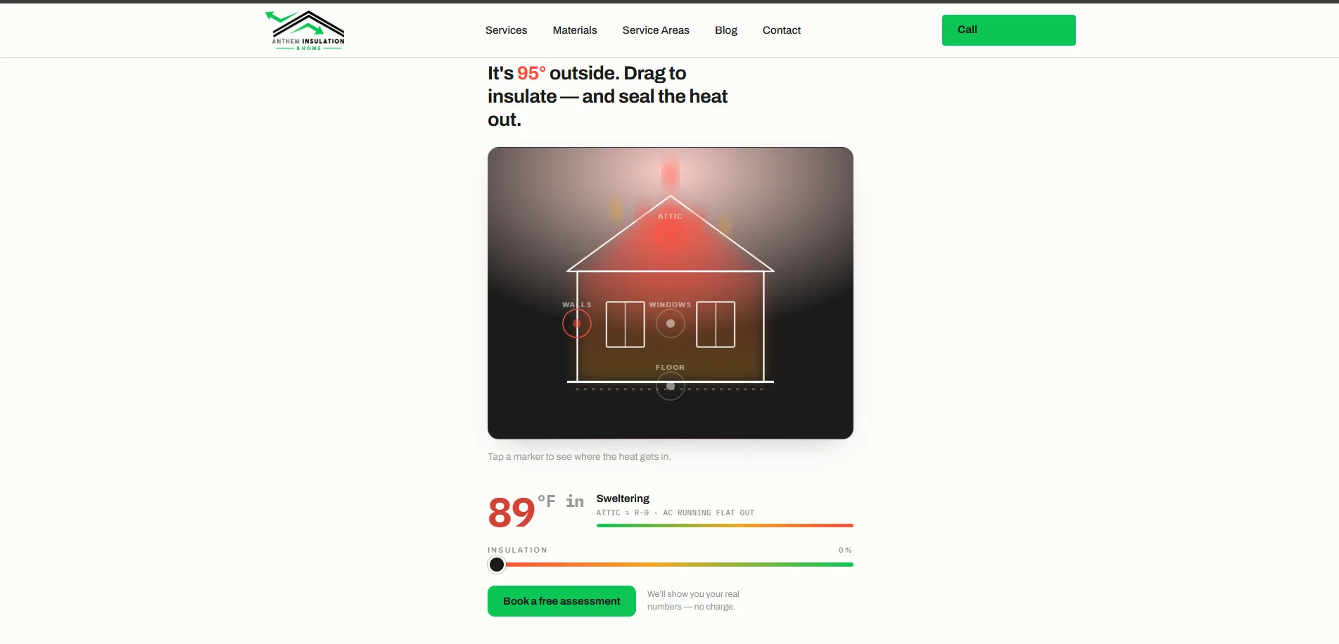 The drag-to-insulate widget at zero. 89 degrees inside, sweltering.