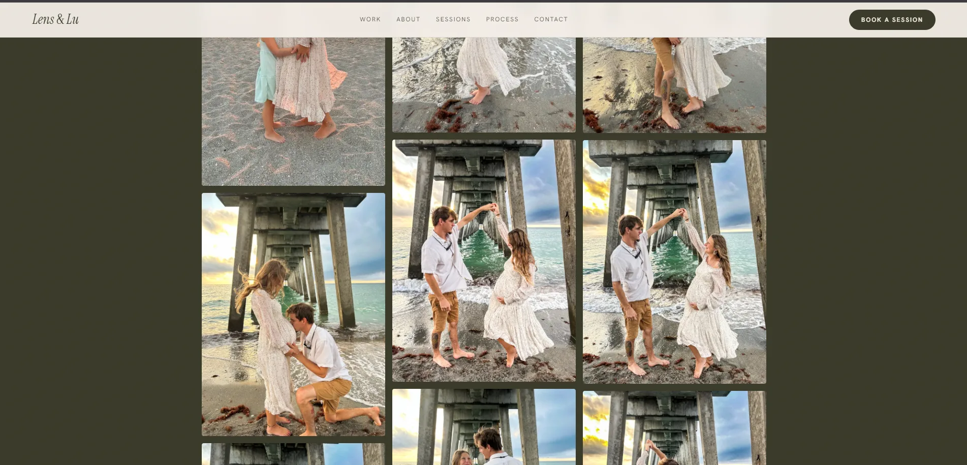 The portfolio grid as the ground scrubs from cream to umber and the photographs light up.