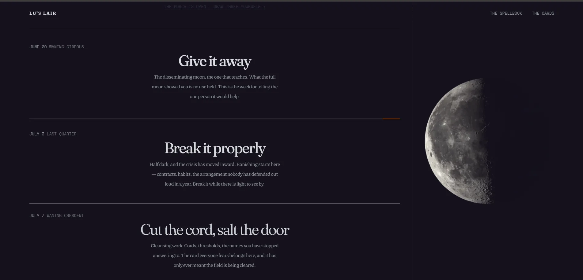 The live homepage. The moon is full, the book is open.