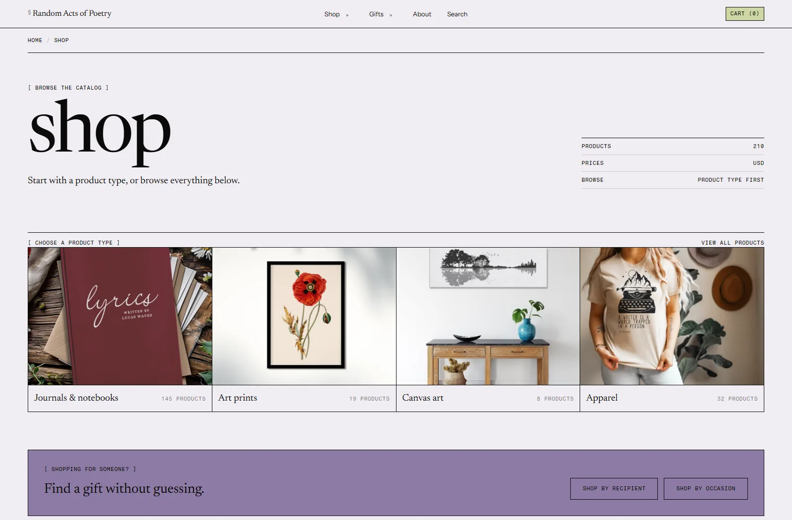 The shop catalog with recipient and occasion navigation.