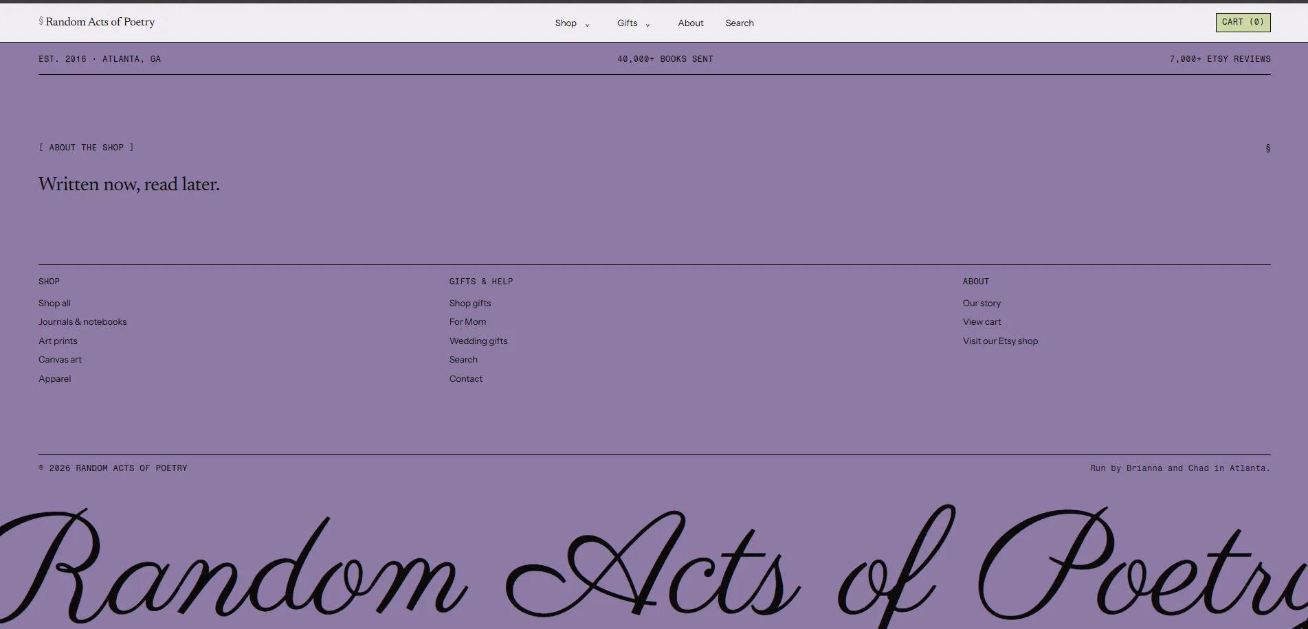 The footer, the shop name in script across the full width.
