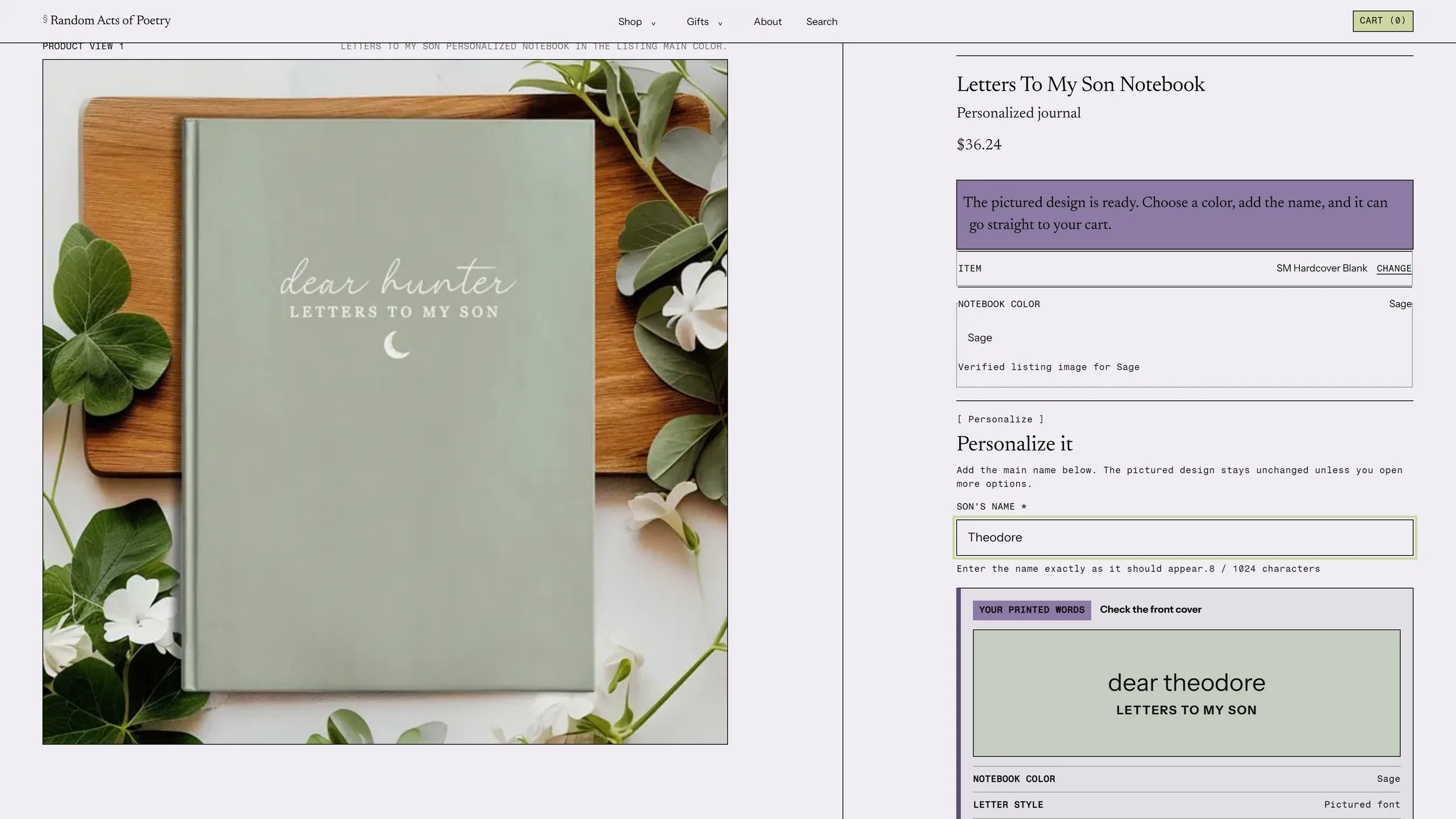 The live cover preview re-rendering as a shopper types their name.