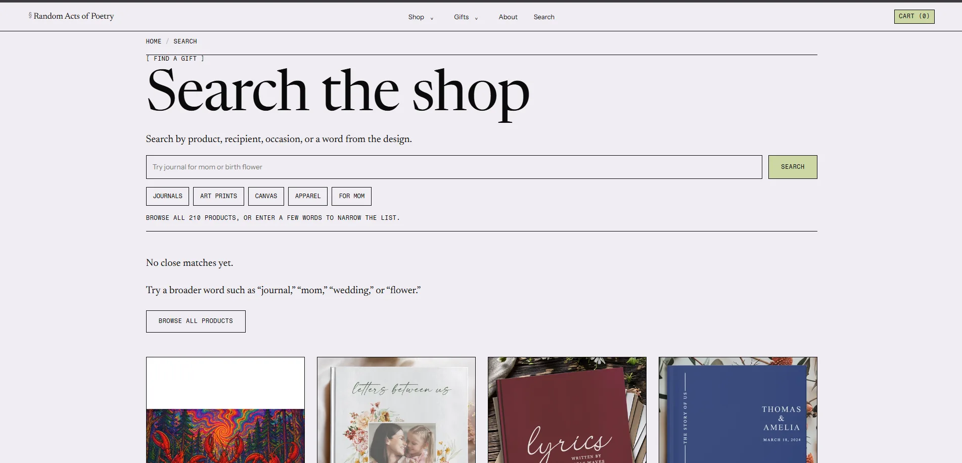Search the shop by product, recipient, occasion, or a word from the design.