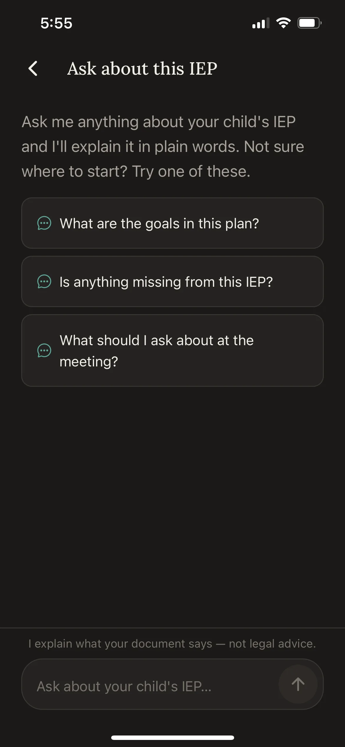 The chat co-pilot. Starter questions, plain words, not legal advice.