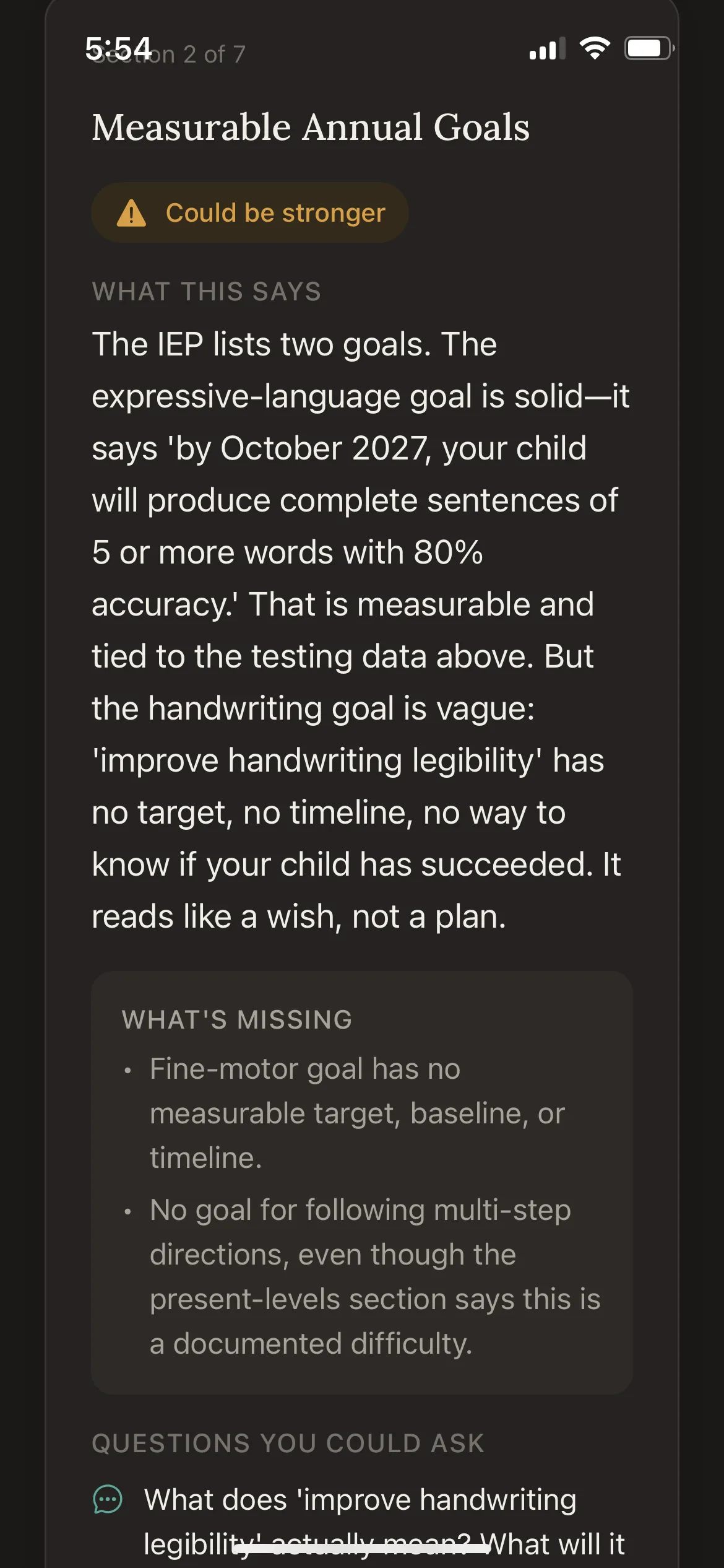 Measurable Annual Goals rated Could be stronger. One solid goal, one vague one.