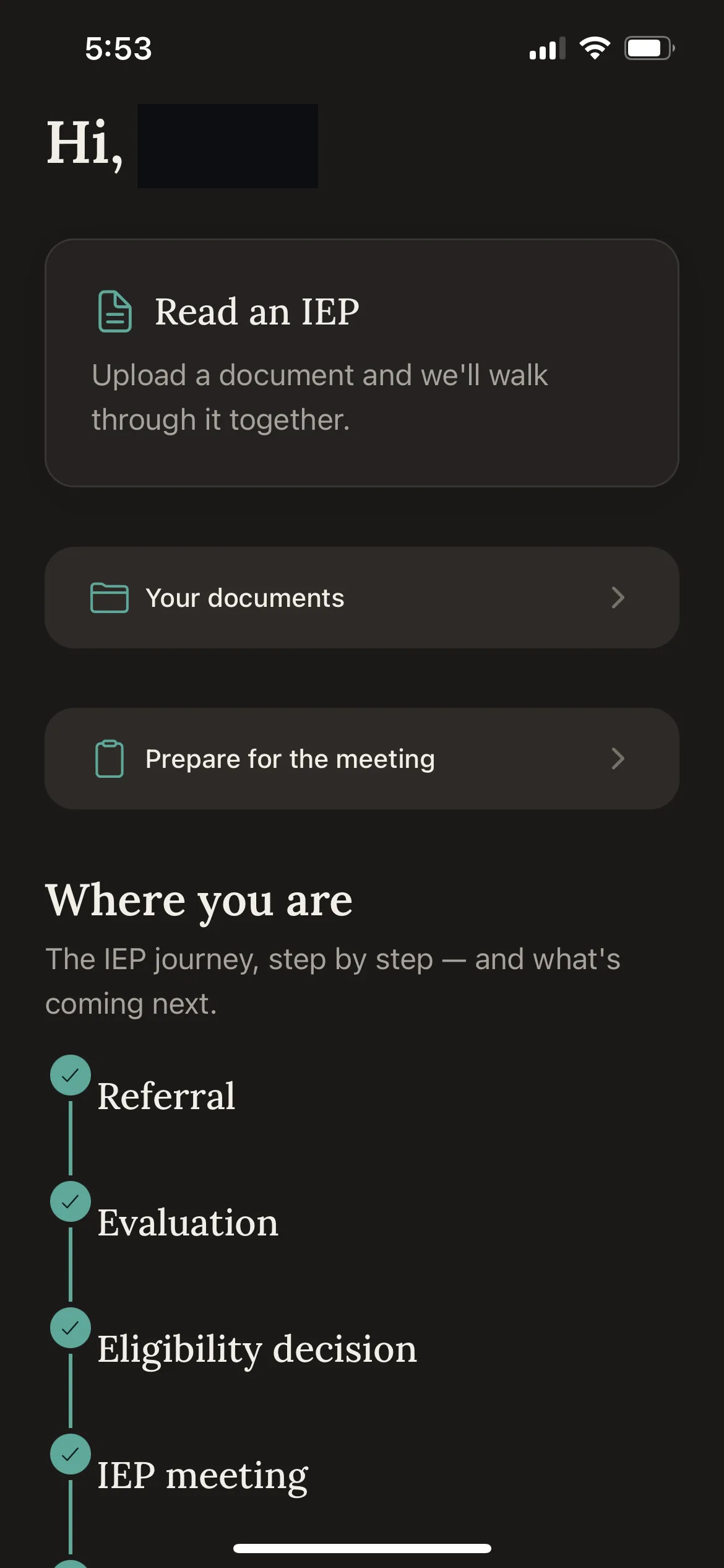 The home screen. One tap to upload, and the IEP journey step by step.