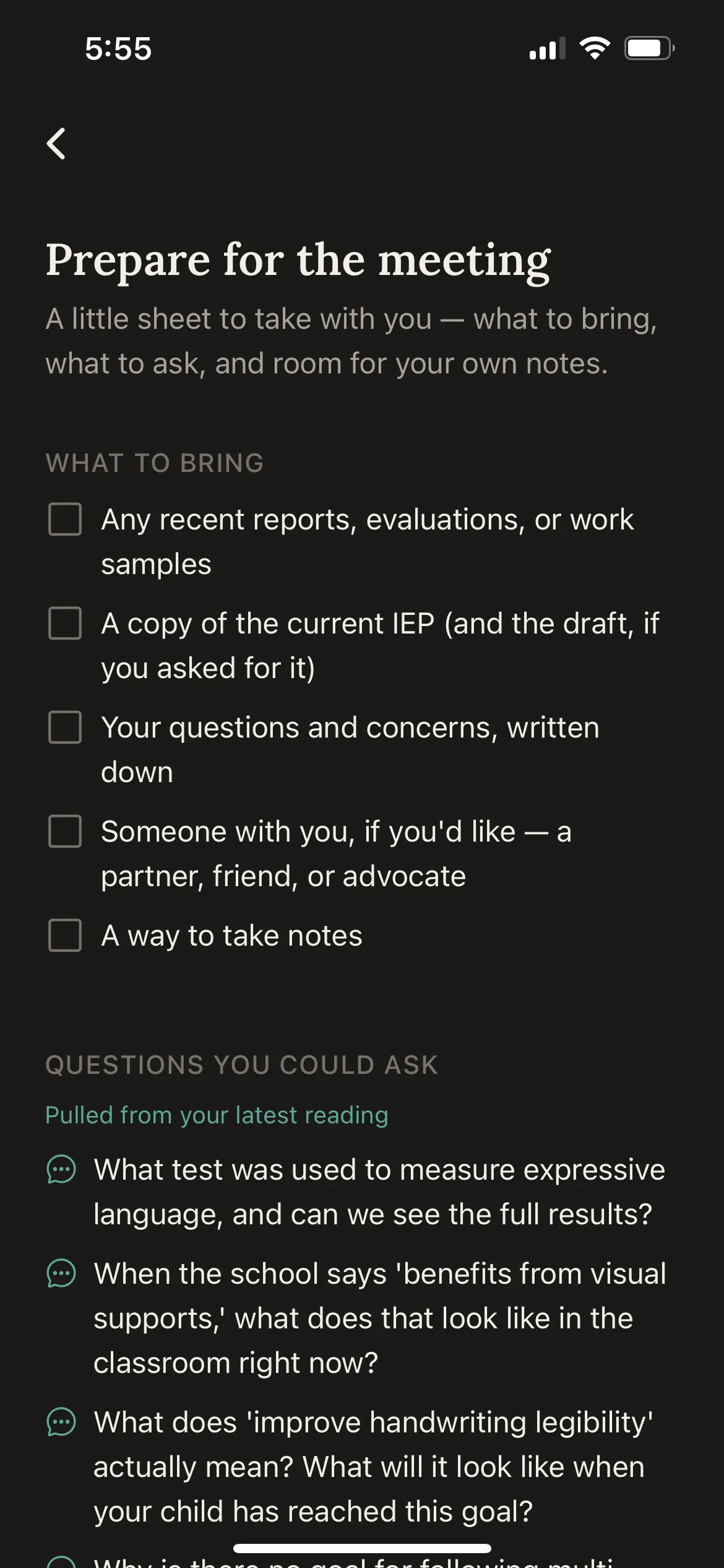 Prepare for the meeting. What to bring, plus questions pulled from the latest reading.