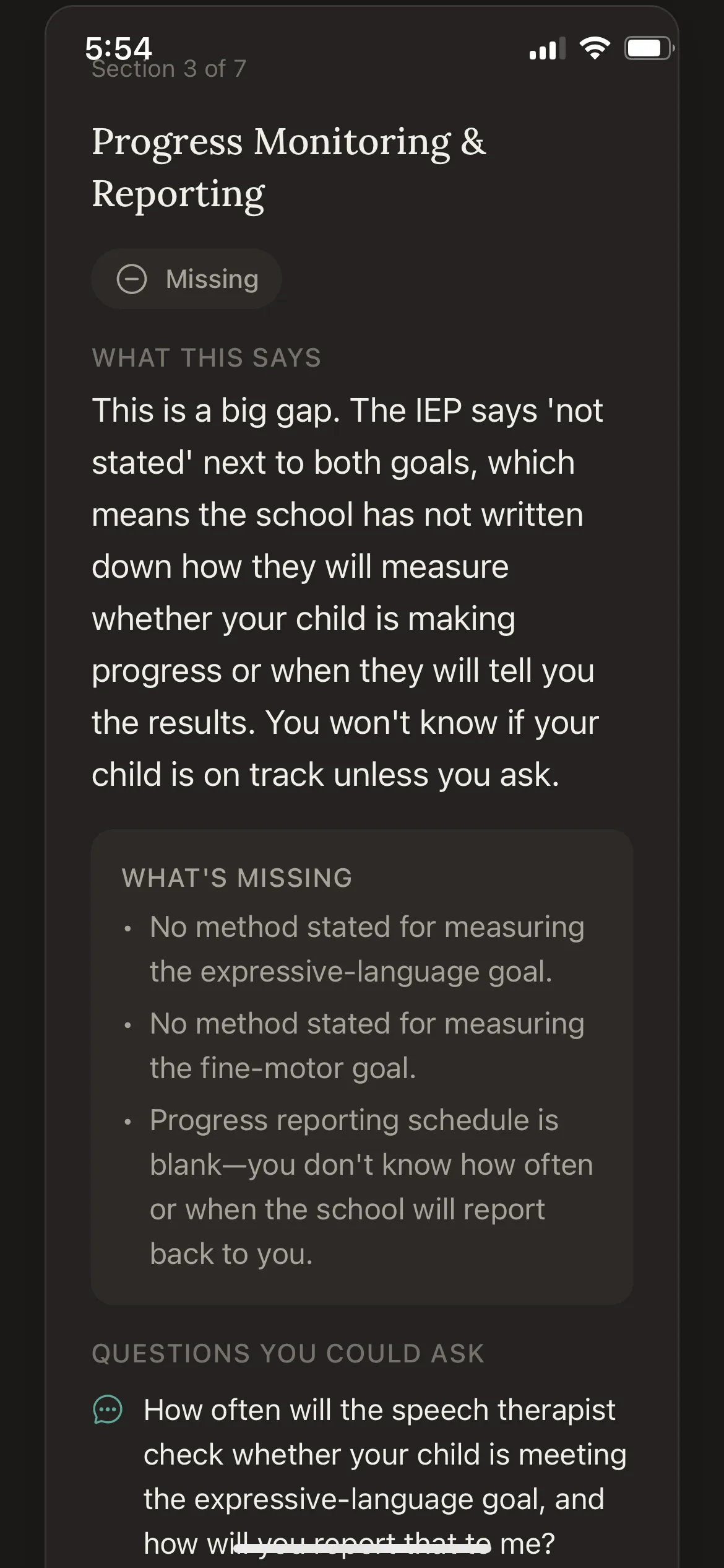 Progress Monitoring rated Missing, with the gaps listed and questions to ask.